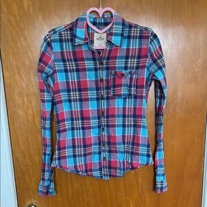 Hollister Hot Pink and Bright Blue Plaid Button-Up Long Sleeve Shirt, Size XS